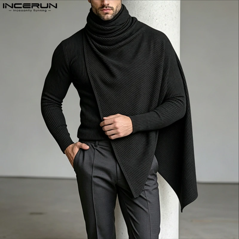 INCERUN Men's Pullovers Solid Turtleneck Long Sleeve Casual Irregular Tops Sweater For Man Streetwear Loose Fashion Men Clothes