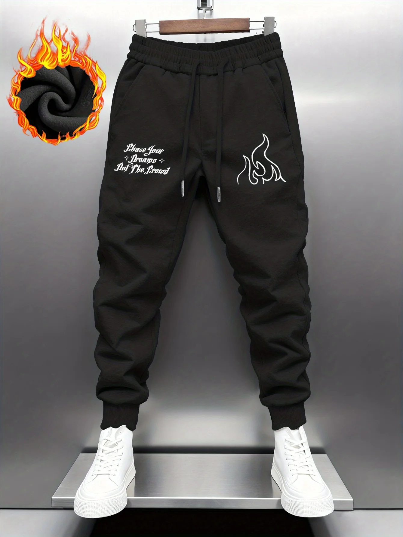 Cool street‑wear line‑art flame totem letter print sweatpants men hip hop sports fleece casual jogger trousers