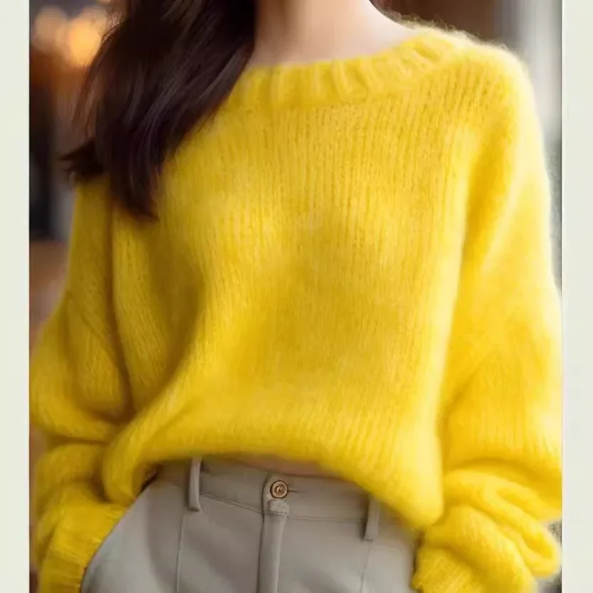 2024 Yellow Round Neck Women's Sweater Autumn/Winter Idle Style Soft Knitted Top Beautiful Base Layer For Various Outfits