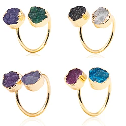 Irregular Double Quartz Stone Rings for Women Girls Adjustable Natural Healing Crystal Finger Jewelry Party Wedding Gift