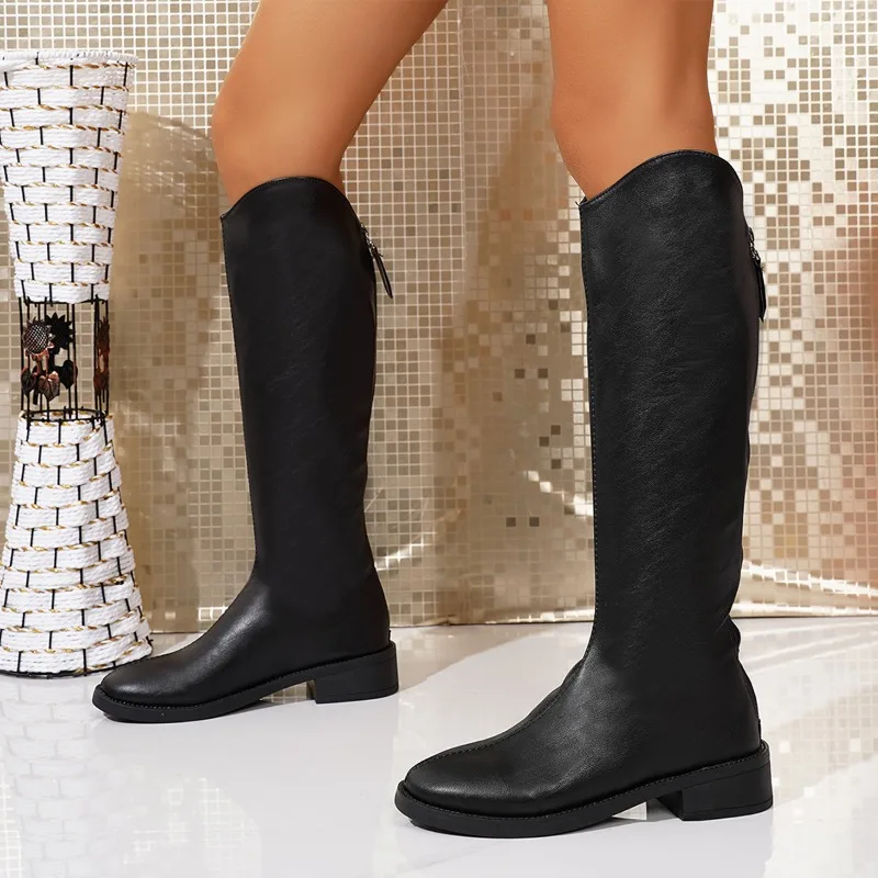 Spring and Autumn Women's Knee-High Boots 2025 New Fashion Casual Round Heel Solid Color Pu Material Zipper Fashion Boots