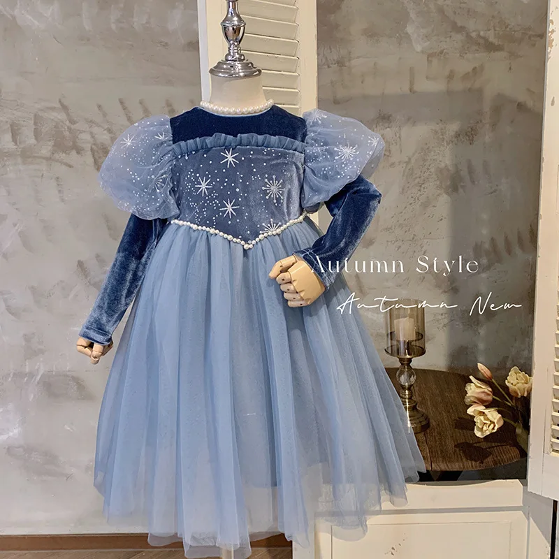 Girl Princess Dress 2024 Autumn Children\'s Girl Birthday Dress Blue Sweet Cute Dress Girls Clothes