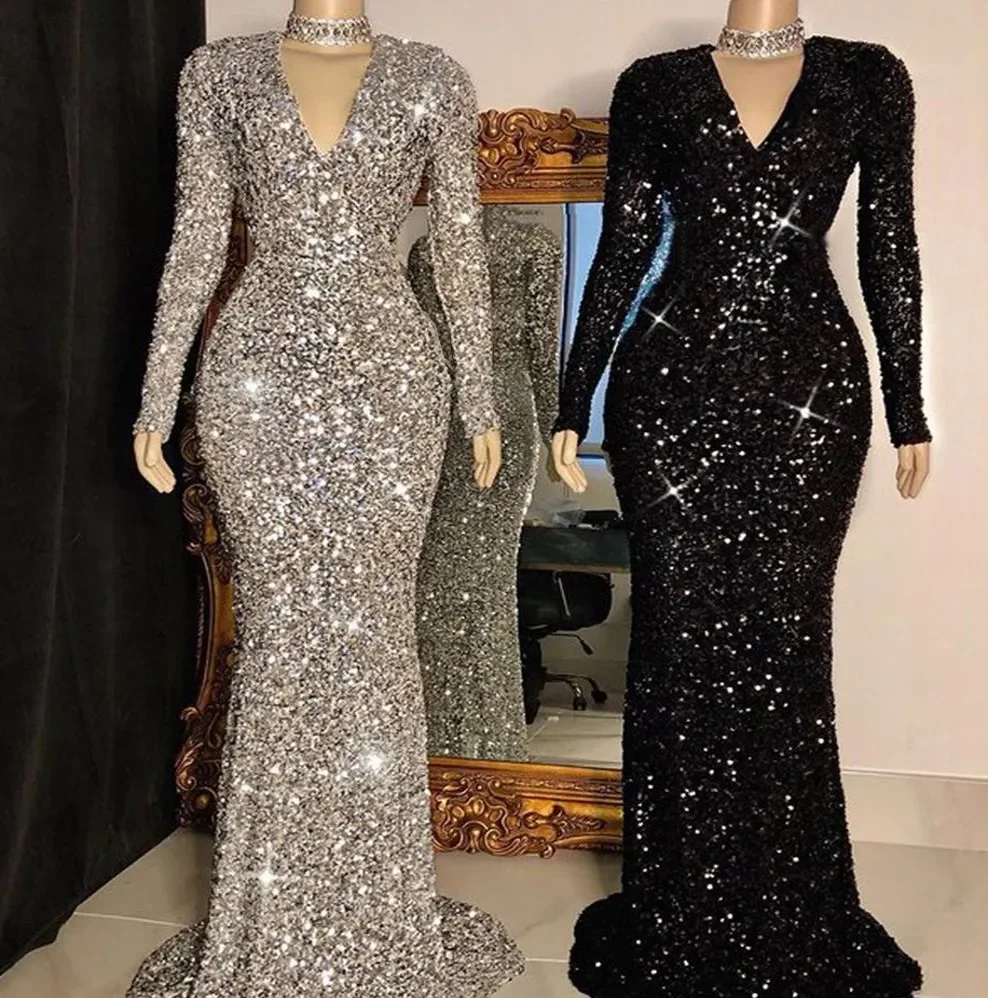 

Sparkling fashion Mermaid Deep V-neck sexy hip wrap to ground Cocktail formal Party dress Elegant ladies luxury evening dress