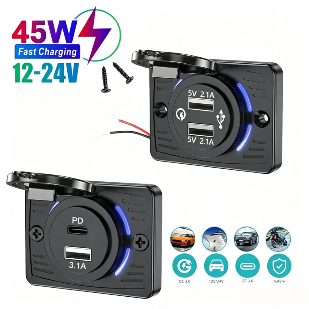 Image of 12V-24V PD+USB Auto-Ladebuchse 45W Schnellladung, Blaue LED-Anzeige, Wasserdichte Klappabdeckung Eingebauter Anschluss für Auto und Motorrad