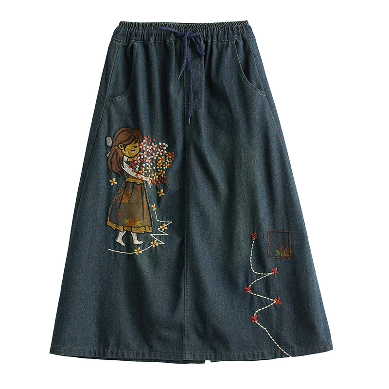 Jupe en jean brodée artistique rétro, polyvalente, ample, amincissante, décontractée, ligne a, parapluie, taille haute, mi-longue, en coton, poly...