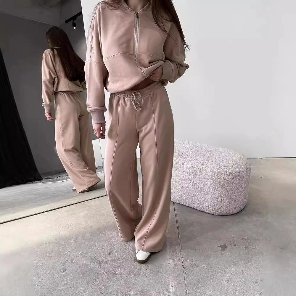 2Pieces Suit Outfit Sportwear Two Pieces Set Set Bomber Jacket Women Sweatshirt Casual Long Sleeve Zipper Coat Lace-up Trousers