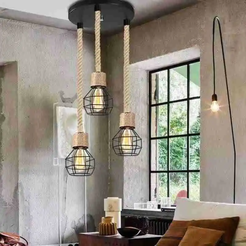 Retro Industrial Hemp Rope Pendant Lamp American Vintage Personalized Restaurant Bar Cafe Clothing Dining Pendant Light