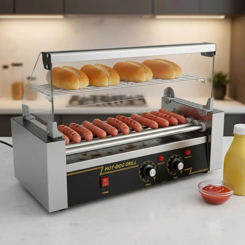 

Sausage Grilling Machine 5 Rollers 12 Capacity For Convenience Stores Parties Concession Stands, 750W Dual Temperature Control Glass Hood Acrylic Cover Bun Warmer Shelf Removable Oil Drip Tray ETL Certified