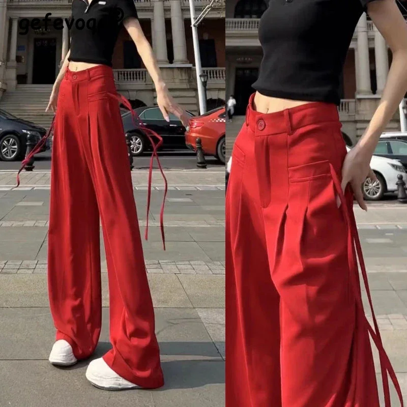 

Women Korean Ribbon Casual Streetwear Harajuku Y2K Wide Leg Suit Pants Female Solid Straight Trousers High Waist Pantalones L01