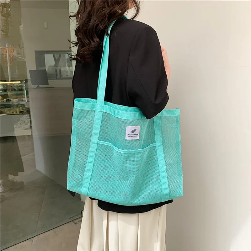 Transparente Mesh-Umhängetasche für Damen, modische tragbare Handtasche zum Einkaufen, Reisen, Strand, Mesh-Netztasche – Detail 5