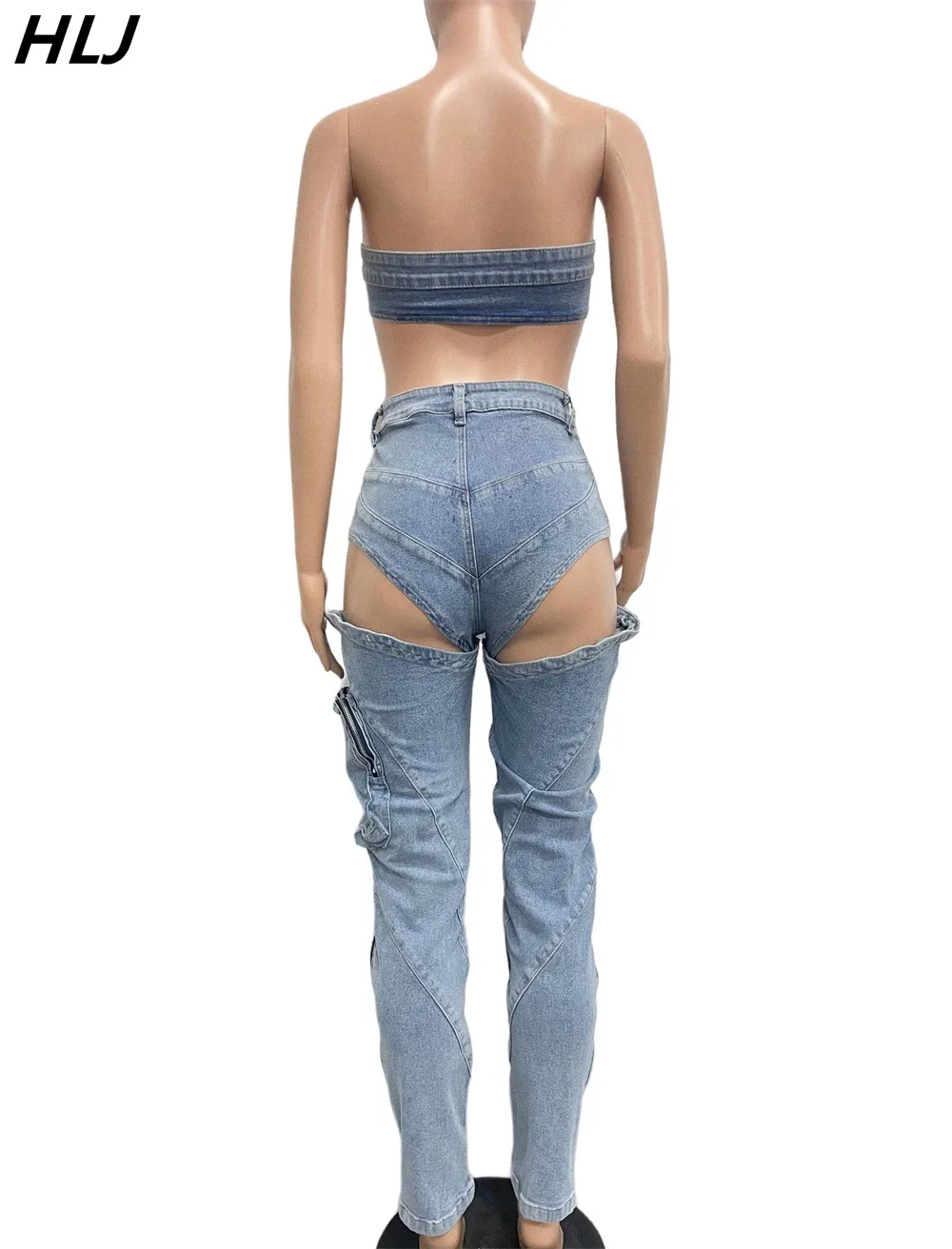 HLJ Sexy Denim Sleveless Hollow Out 2 Piece Sets Outfit Women Bikini Tops and Cargo Jean Pants Suits 2024 Y2K Cowboy Streetwear