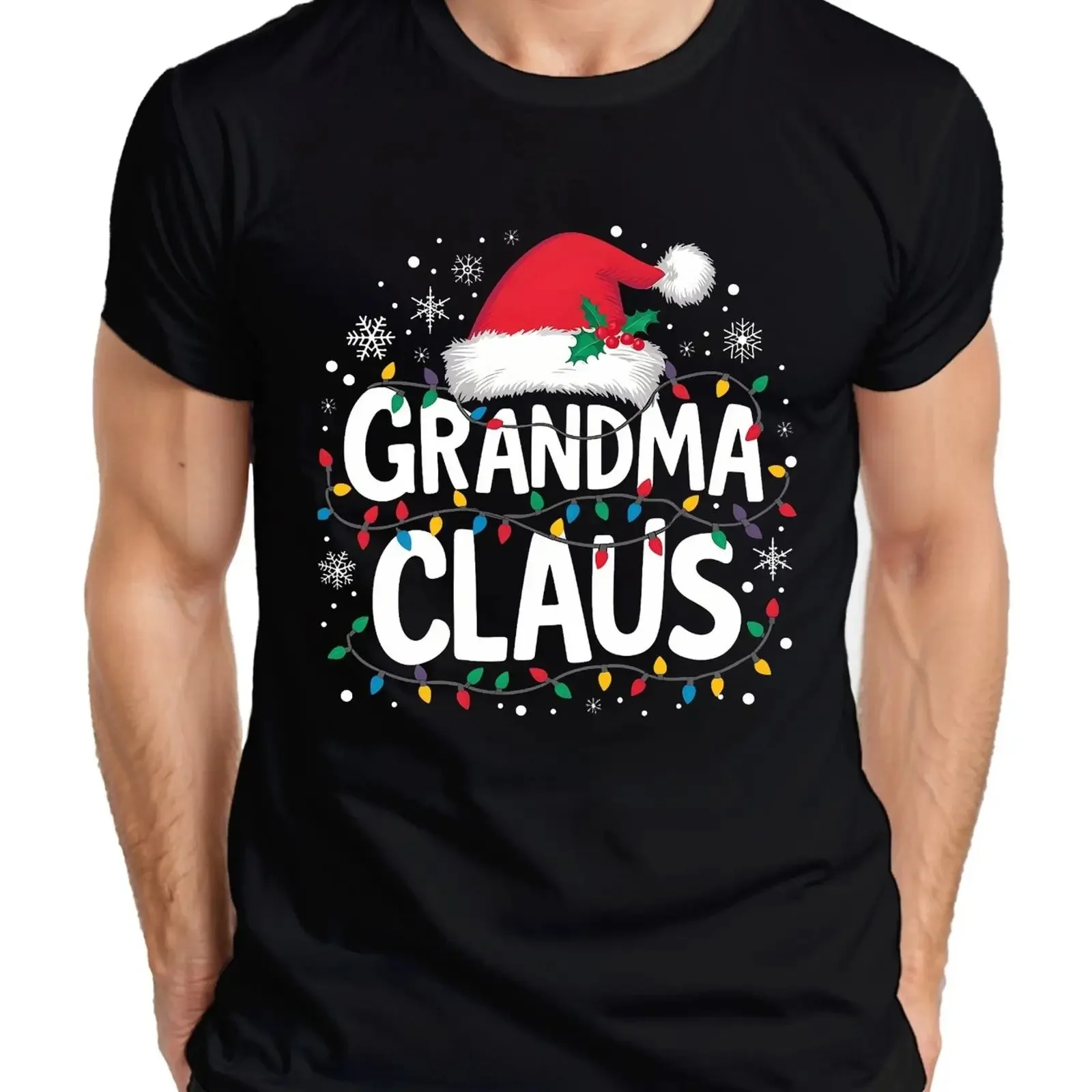 Grandma Claus Christmas Fairy Lights Snowflakes Men's T Shirt vintage Washed streetwear Casual Soft designer clothes Slightly