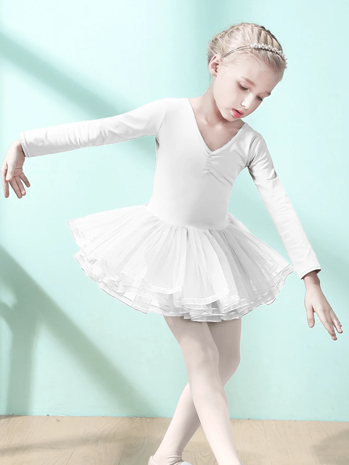 BIBIHOU Girls Ballet Dance Tutu Dress Kid Long Sleeves Tulle Bowknot Skate Gymnastics Christmas Birthday Party Leotard Dancewear