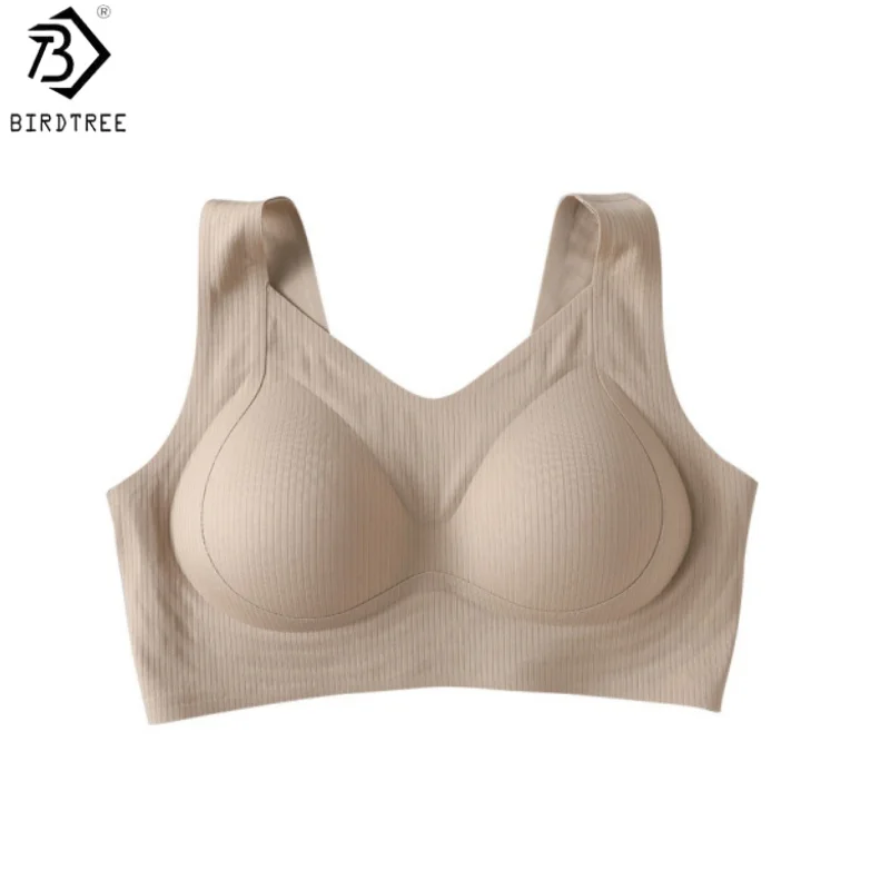 Birdtree, Lining Silk Blended Bra, Women's Wireless Underwear, Soft Full Cup Breathable Bralette, 2026 Autumn New S6O606JF