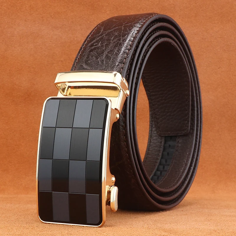 高品質デザイナーベルト-メンズ-チェック柄-オートマチックバックル-ファッション-フルグレインレザー-高級ウエストストラップ-牛革-本革