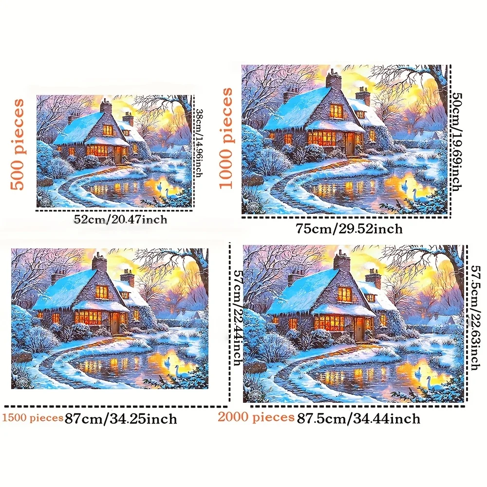 2000/1500/1000/500pcs Enchanting Winter Cottage Wooden Jigsaw Puzzle for Adults - Snowy Retreat Scene with Swan Pond & Sunset