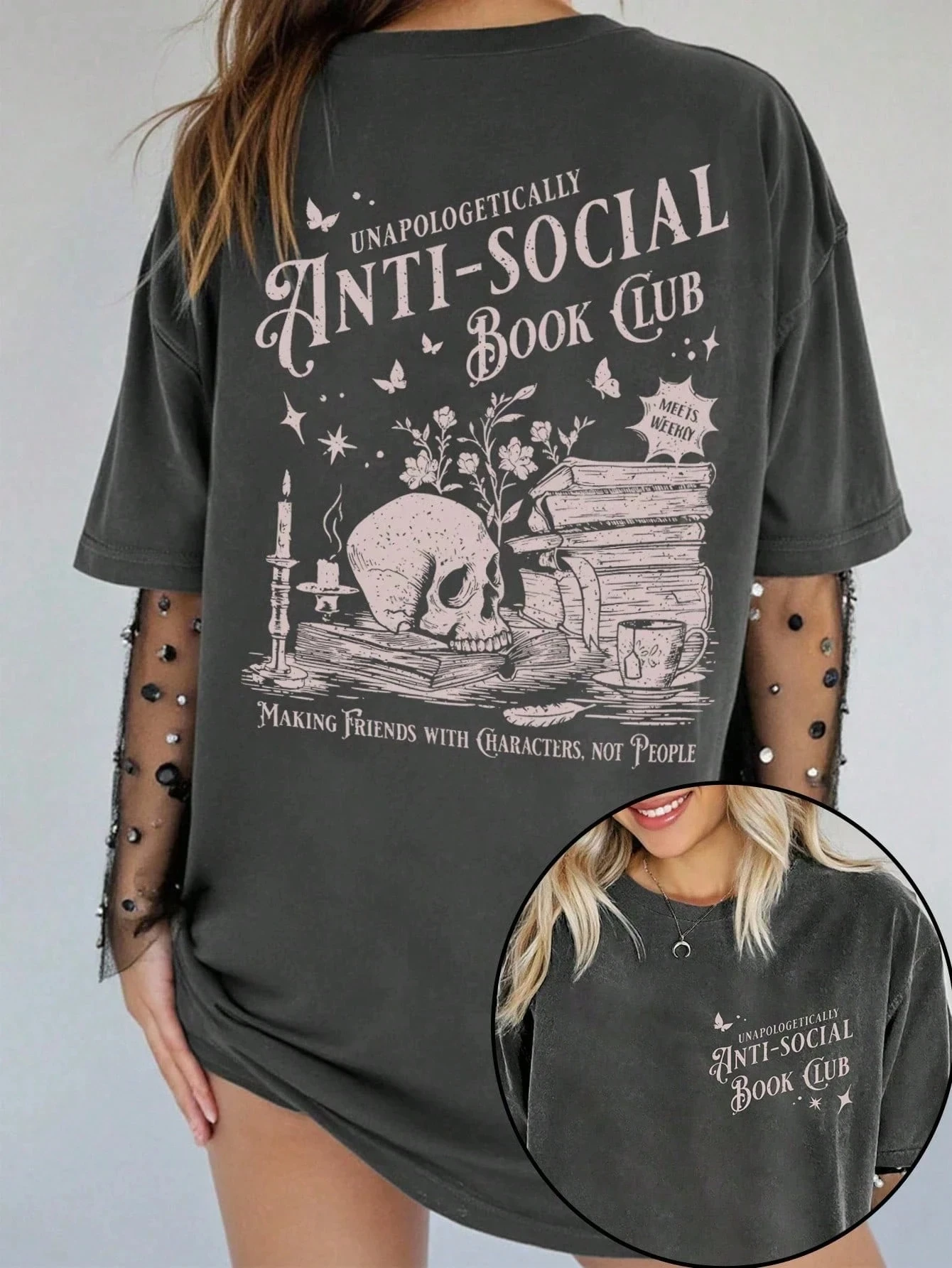 

Four Seasons Women's Dark Grey T-shirt Anti Social Reading Club Retro Flower Book Pattern, Skull Letter Slogan Printed Women's