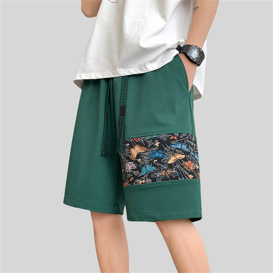 Plus Size Patchwork Shorts Men Loose Casual Pants Chinese Style Butterfly Embroidery Shorts Ribbon Design Bottom Summer 5XL