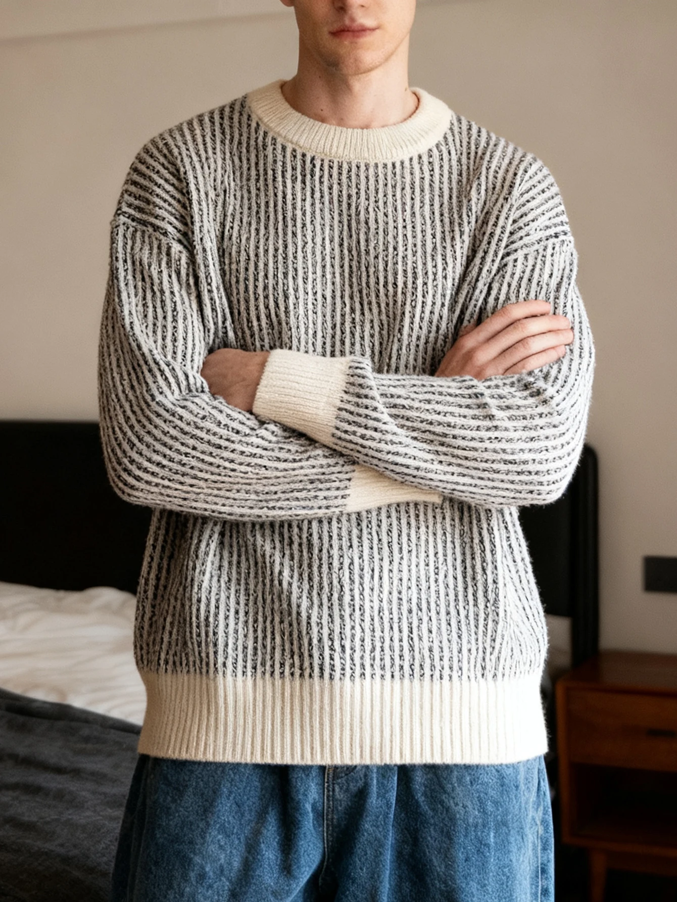 

LVLAEA Twisted Striped Men Fall Winter Streetwear Long Sleeve Round Neck Lazy Style Casual Loose Knitted Pullover for Men