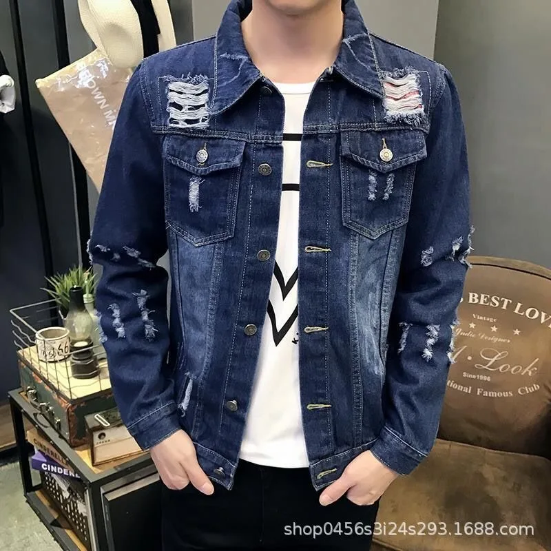 

Men Break Hole Denim Coats Button Casual Slim Lapels Jackets Autumn and Winter Trendy Handsome Man Denim Top Tooling Jacket