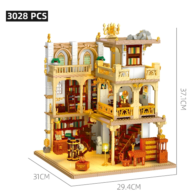 Retro Architecture City library Bookstore Building Blocks Atmosphere Lights Streetscape Model Bricks Toys Compatible With LEGO