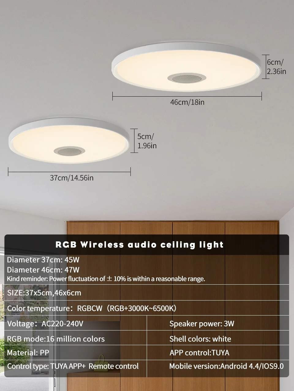 Intelligente RGB LED-Deckenleuchte mit Bluetooth-Lautsprecher Tuya APP Fernbedienung Dimmbare Moderne Musikleuchte für Wohnzimmer Schlafzimmer – Detail 8