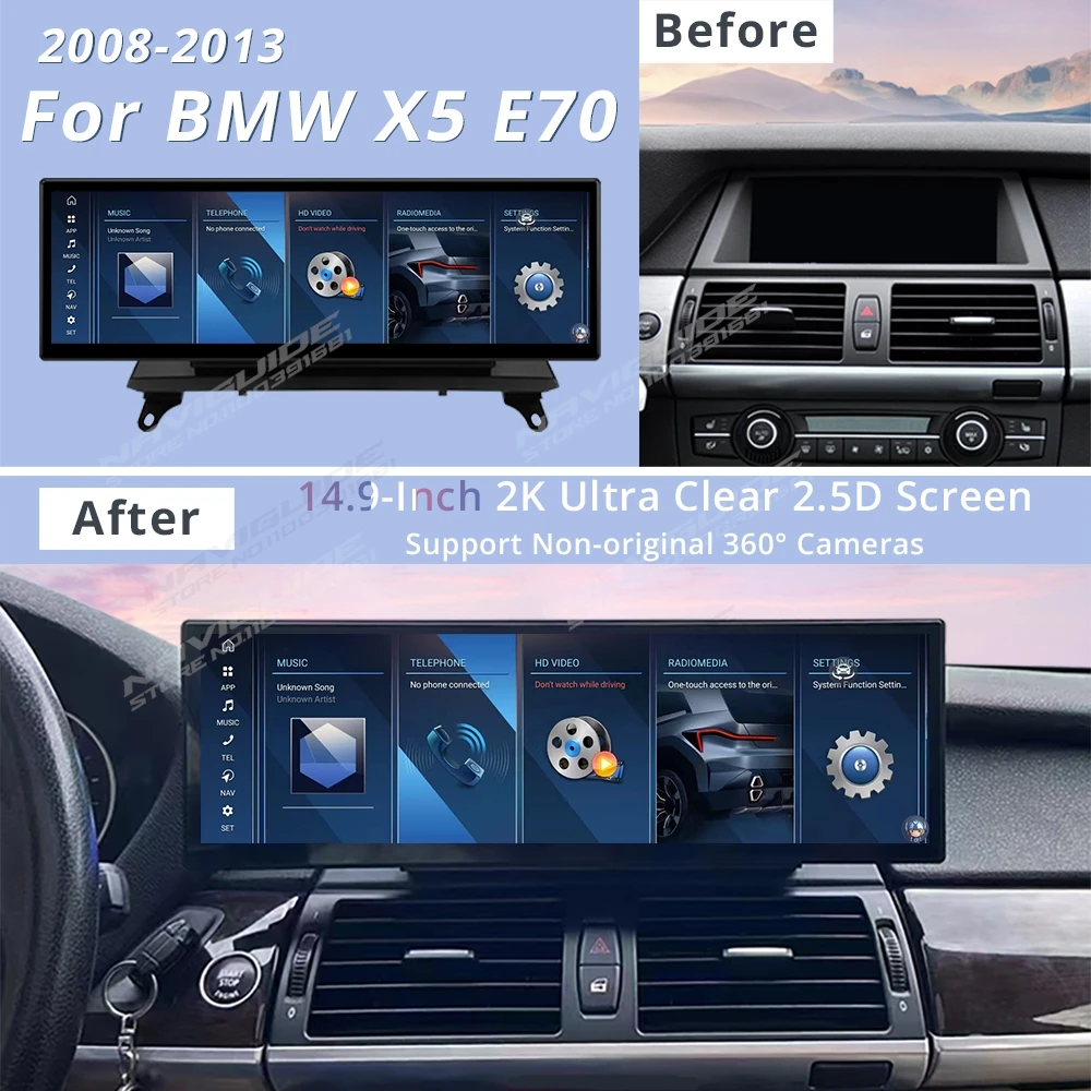 NAVIGUIDE 14.9 Inch For BMW X5 E70 X6 E71 2010-2017 CCC CIC System Carplay Car Radio Multimedia Player Bluetooth Display WIFI BT