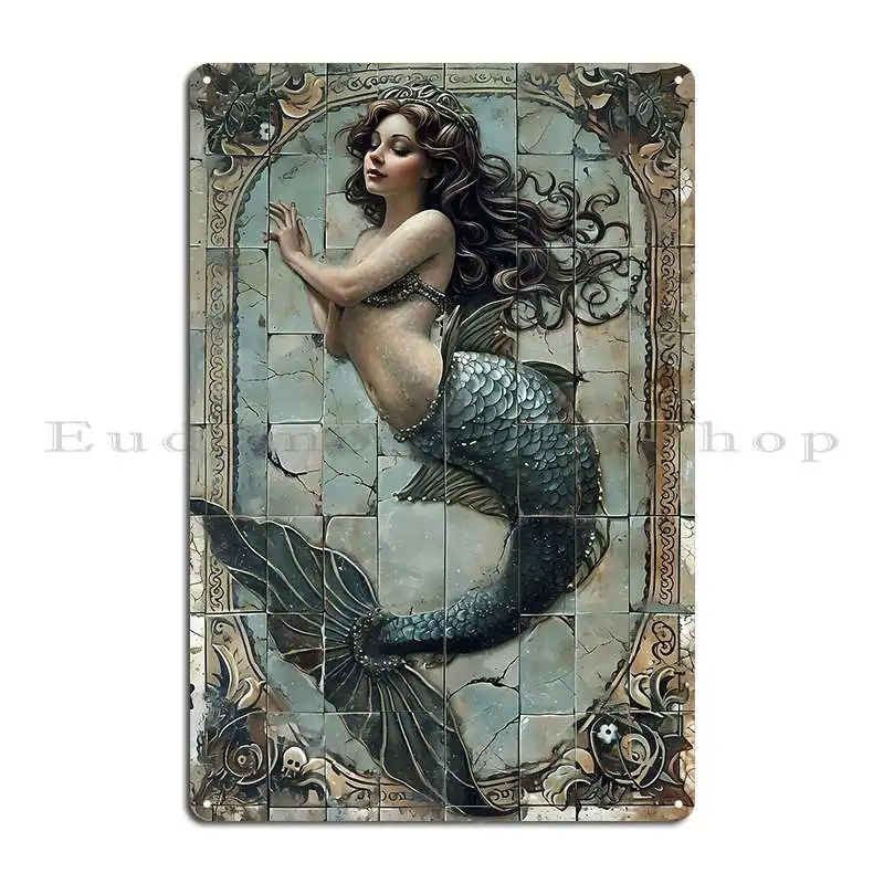 Grecian Tile Mermaid Four Metal Signs Customize Wall Cave Wall Pub Mural Character Tin Sign Poster