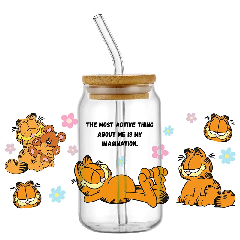 Miniso cartoon Garfield cat UV DTF Sticker For 16OZ Libbey Glass Cup Can Wrap Transfer Sticker Custom Label DIY Logo