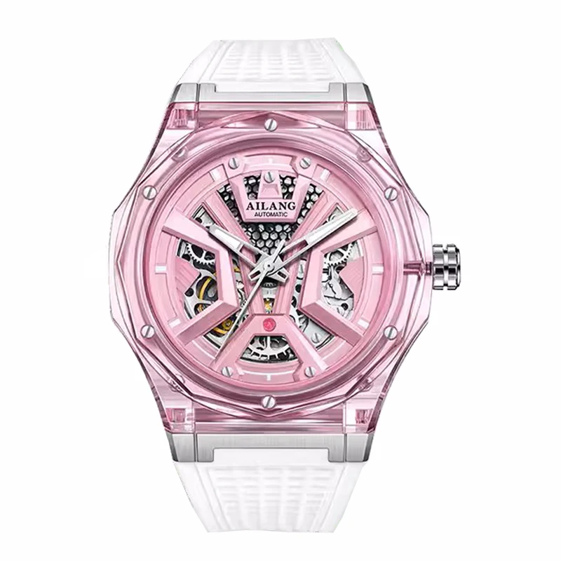 AILANG Women Automatic Mechanical Watch Top Brand Luxury Pink Transparent Case Waterproof Wrist Watch Ladies Skeleton Clock 2024