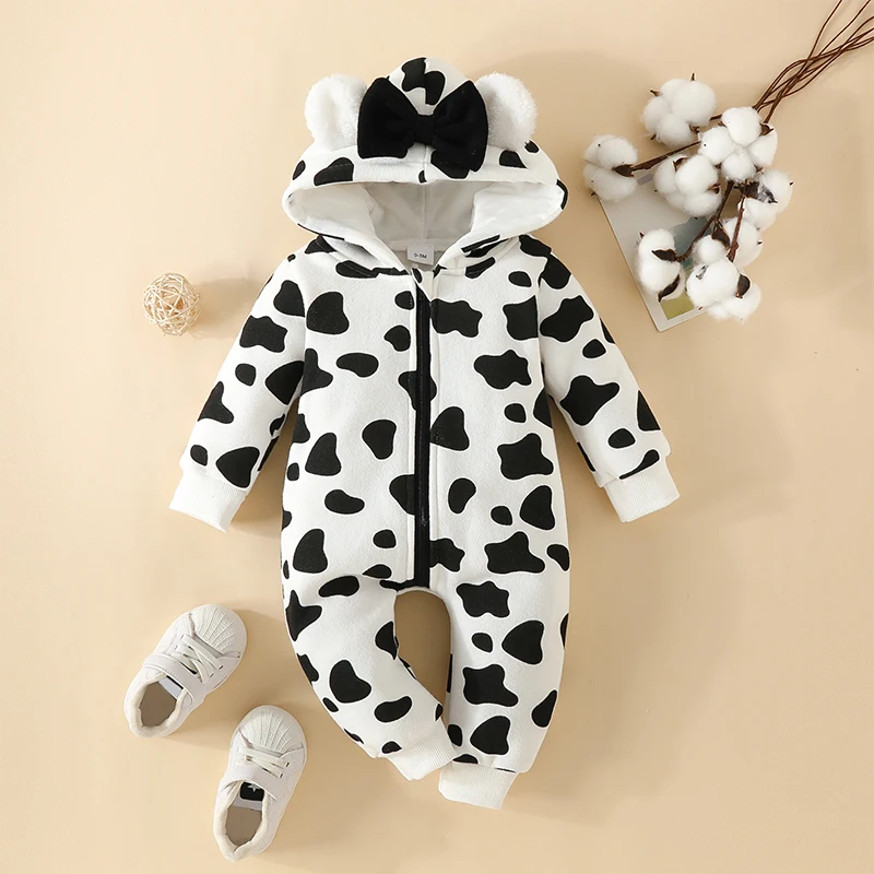 Baby Jumpsuit Newborn Infant Boys Girl Soft Warm Long Sleeve Hooded Heart/Cow Pattern Bow Zipped Romper Casual Winter Clothes