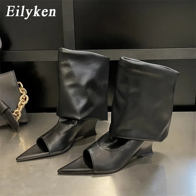 Eilyken New Style Pointed Peep Toe Women Boots Sandals Designer Wedges High Heels Knee-High Booties Ladies Fashion Shoes