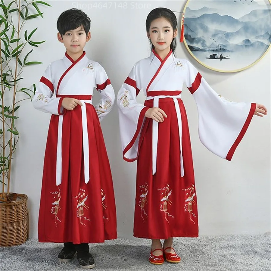 Chinese Traditionele Tang-dynastie Hanfu Meisje Feestjurk Kinderen Uniformen Kinderen Prestaties Stadium Kleding Set Jongen Dans Kostuums