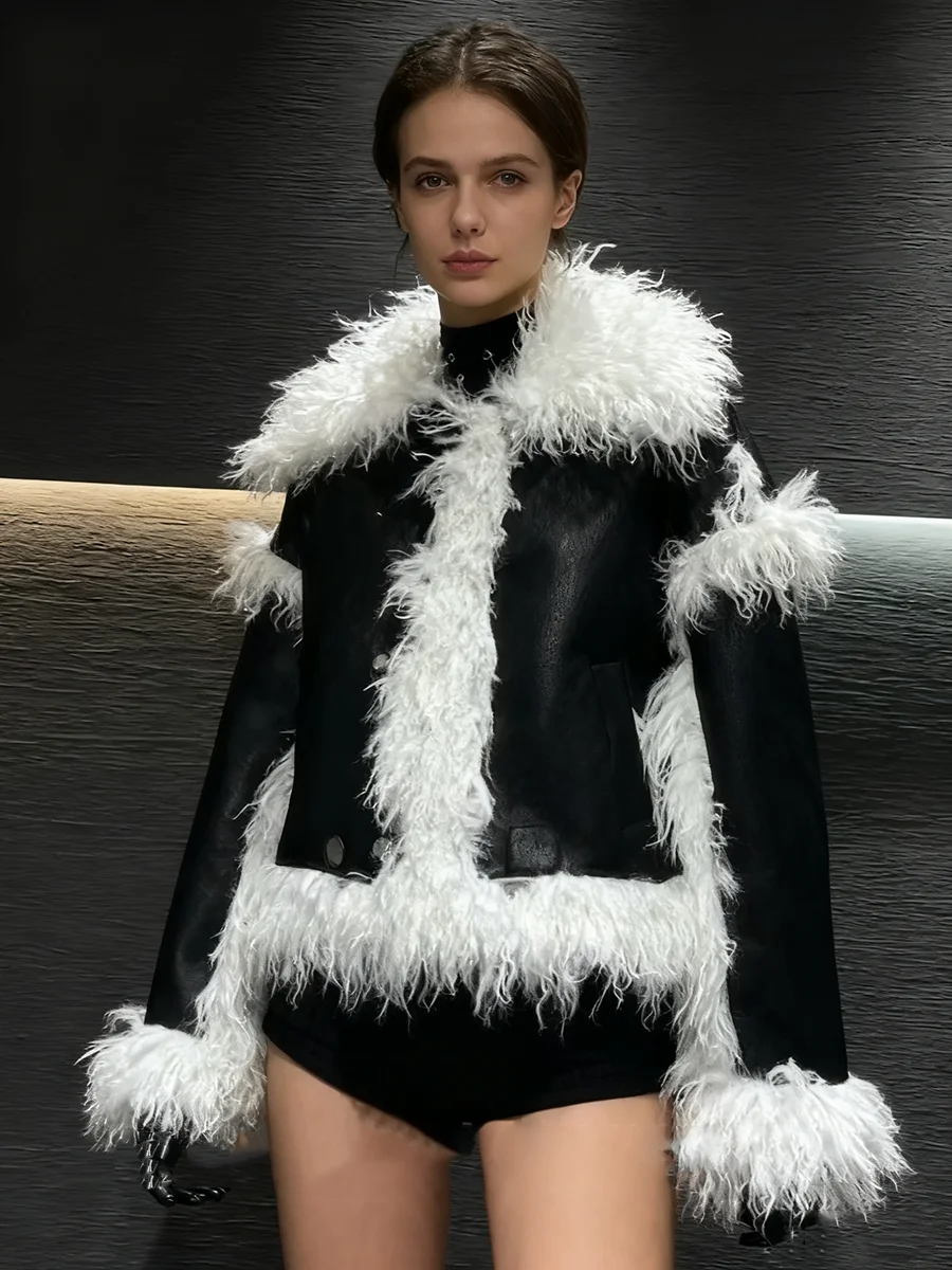 TWOTWINSTYLE Hit Color Spliced Fur and Leather Fashion Jackets for Women Lapel Lomng Sleeves Casual Jacket Female Clothing New