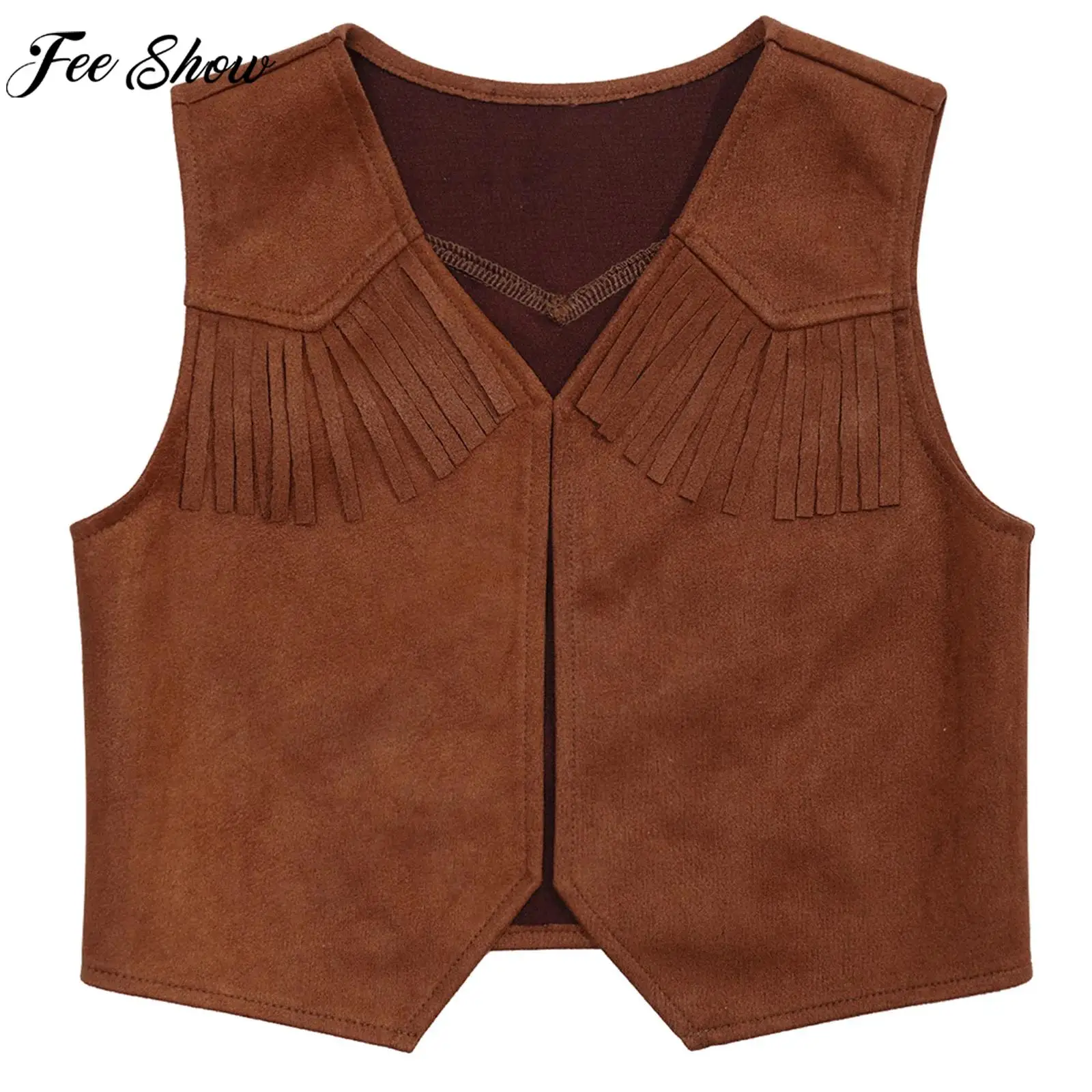 Kids Halloween Western Cowboy Cowgirl Cosplay Performance Costume Fringe Decor Open Front Vest Waistcoat for Carnival Party