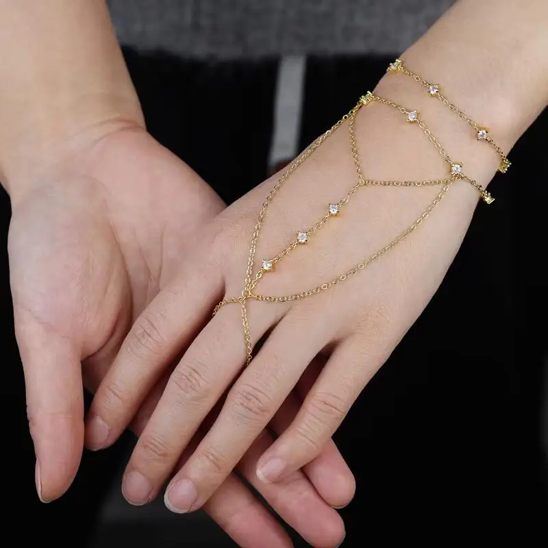 Geometric 3 Pcs Marquise Cubic Zirconia CZ Double Wrist Hand Chain Bracelet Simple Fashion Women Jewelry