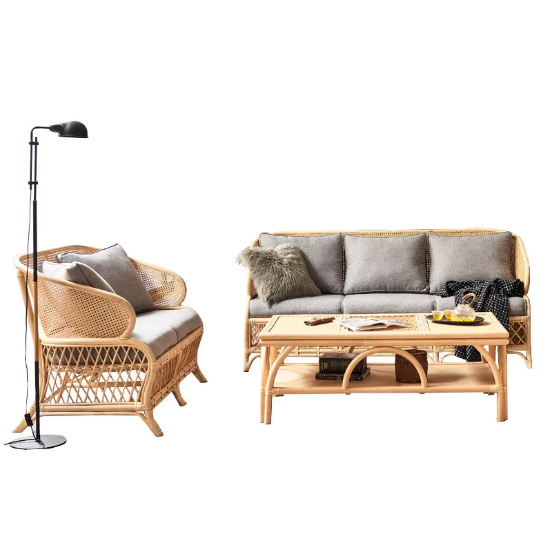 

Rattan sofa for home use, tea table three-person rattan chair combination, homestay furniture