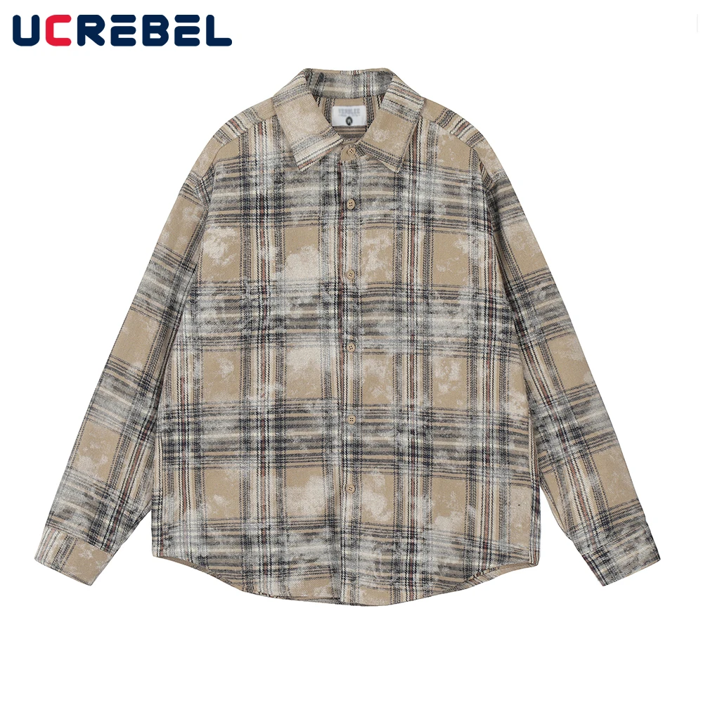 Cartoon Print Plaid Long Sleeve Shirts Mens High Street Autumn Loose Cotton Lapel Single Breasted Curved Hem Shirts Men