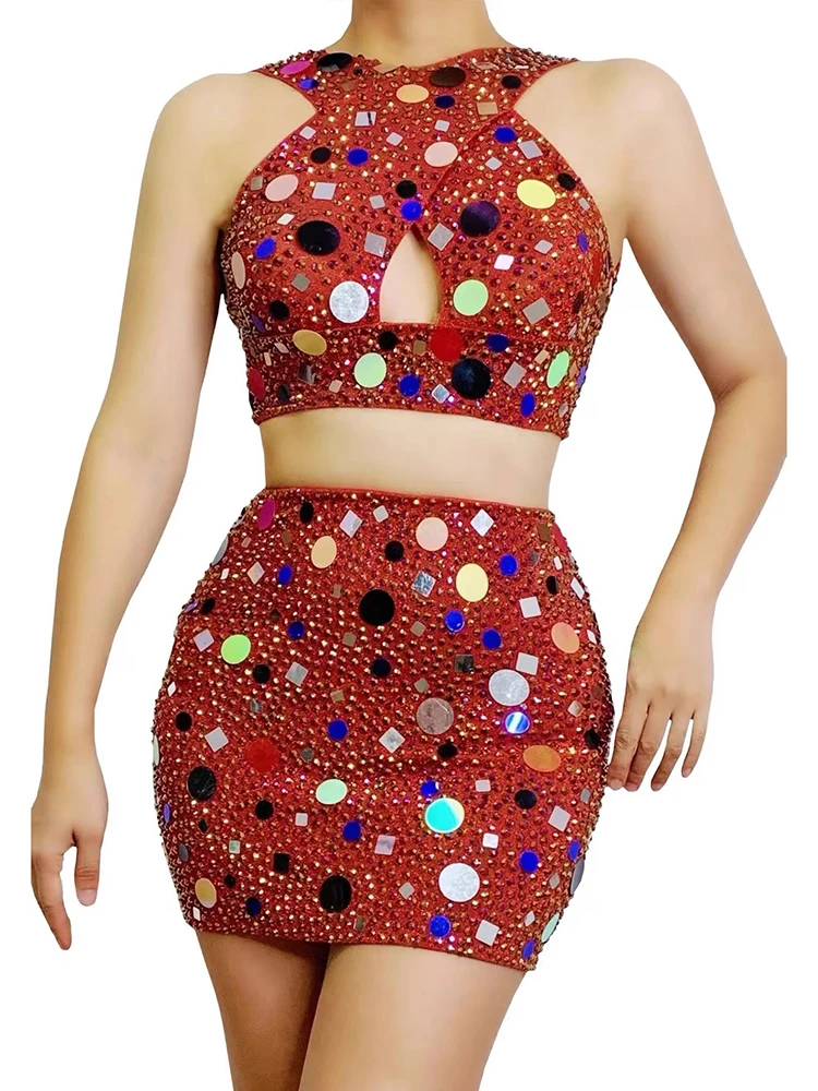 Conjunto de dos piezas de chaleco y media falda para mujer, chaleco Sexy con lentejuelas y diamantes de imitación de alta calidad, ropa personalizada a la moda, 2025