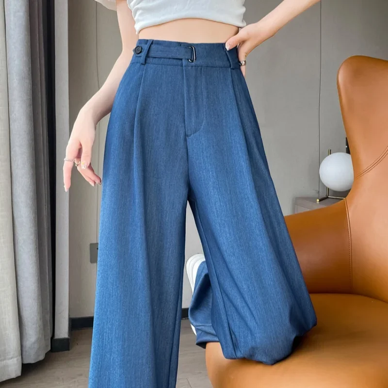 REALEFT Vintage Dünne Denim Lose frauen Breite Bein Hose 2025, Neue Hohe Taille Taste Gerade Casual Volle Länge Hosen weibliche