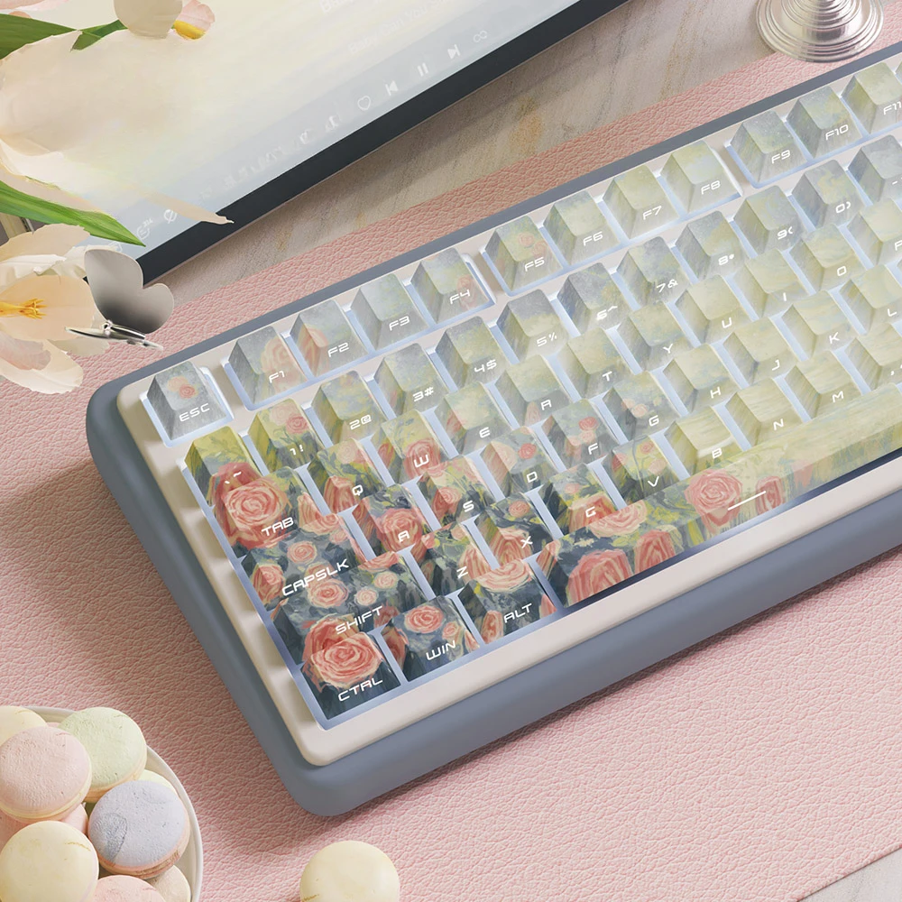 Higurashi No Kagura Keycap Set PBT Side Engraved Translucent Rose Bloom Theme Keycaps for Mechanical Keyboards 61/64/104