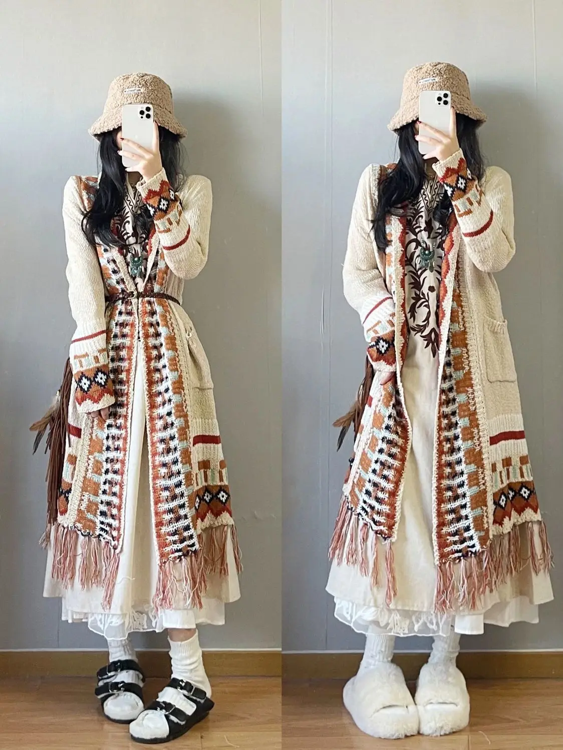 Bohemian Ethnic Style Embroidered Tassel Sweater Cardigan Loose Artistic Retro Knitted Dress for Women