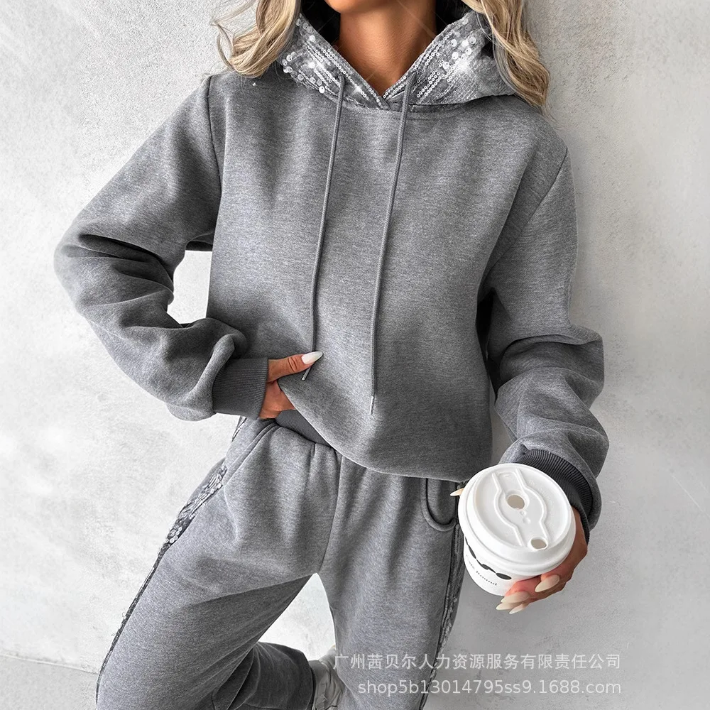 Beaded Hooded Sweater and Sports Trousers Casual Two-piece Set Women