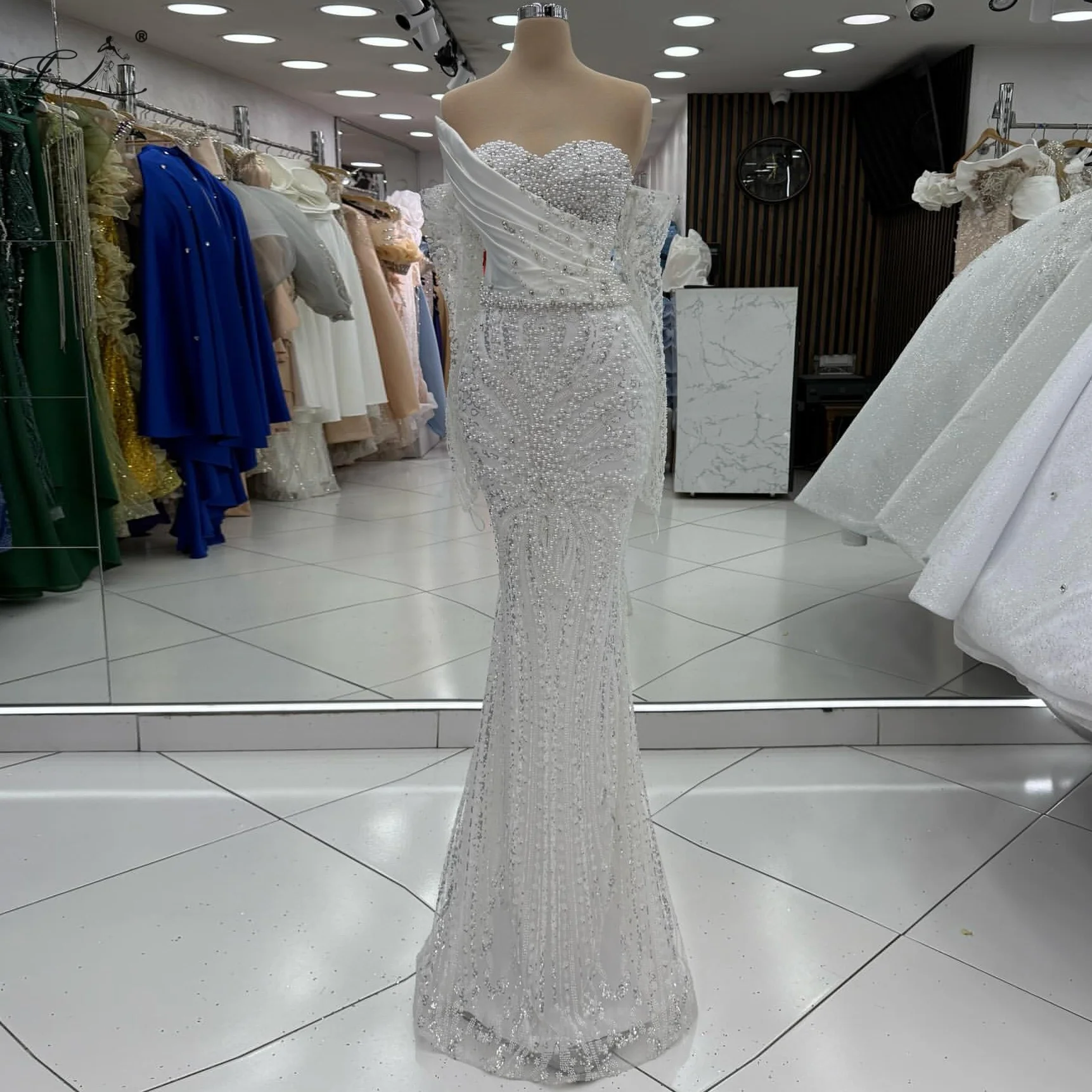 

White Beaded Evening Gown Pearl Mermaid Dress Lace Three Quarter Sleeve Sequine Tulle Dress Strapless Wedding Party Dress
