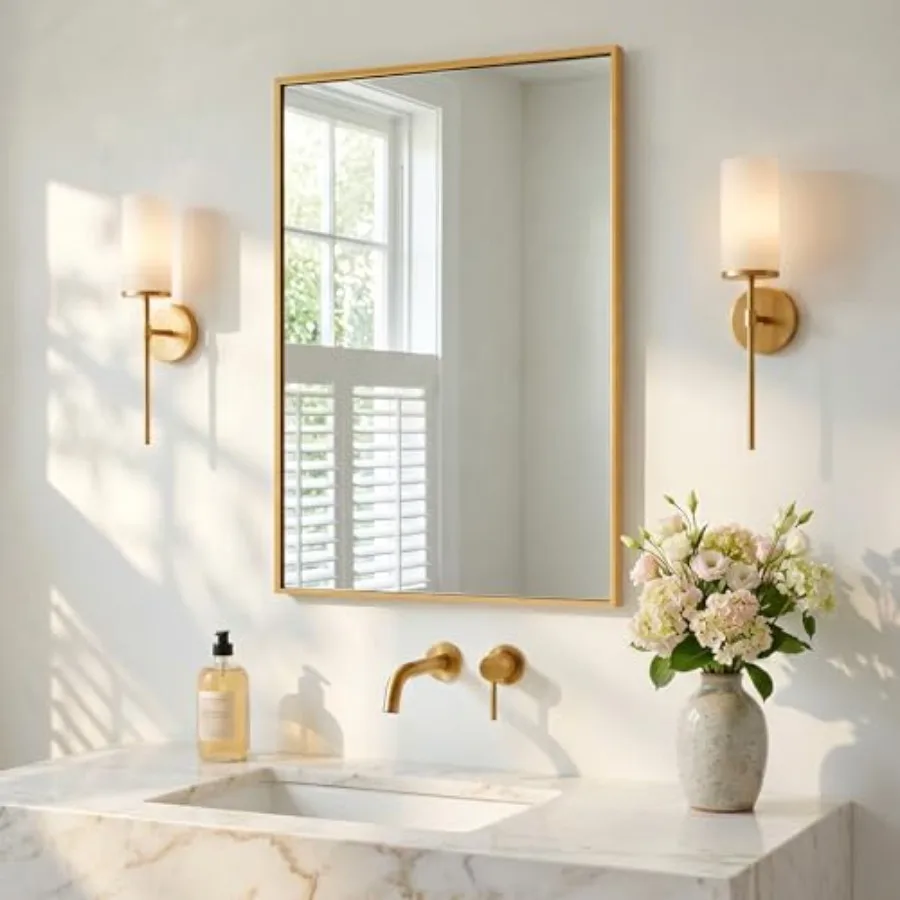 

4"x36" Bathroom Mirror for Wall, Shatterproof Tempered Glass, Brass Tone Rectangle Narrow Frame, H/V Wall-Mounted, Ultra-Flush