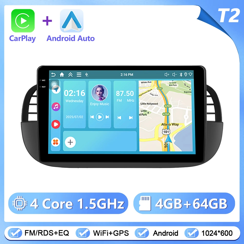 Podoyo CarPlay Android Radio voor FIAT 500 2007-2015 omdat Intelligent System 2Din GPS Stereo Head Unit Multimedia Speler - afbeelding 1