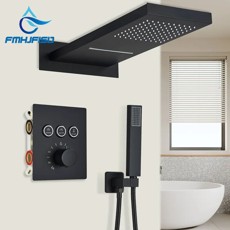 Black Thermostatic Shower Set Bathroom Shower System Mixer Tap Wall Mount Rainfall Waterfall Shower Head 3 Button Control Valve