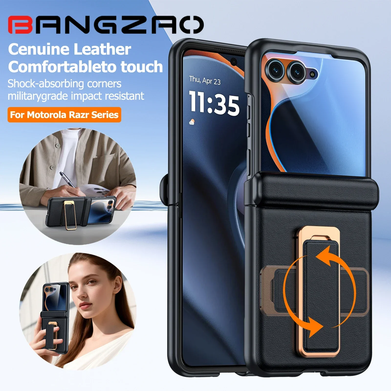 

for Motorola Razr 2024/2025 Case,Built-in Screen Protector,Hinge Protection,Hand Strap,Slim Leather Shockproof Phone Case-Black