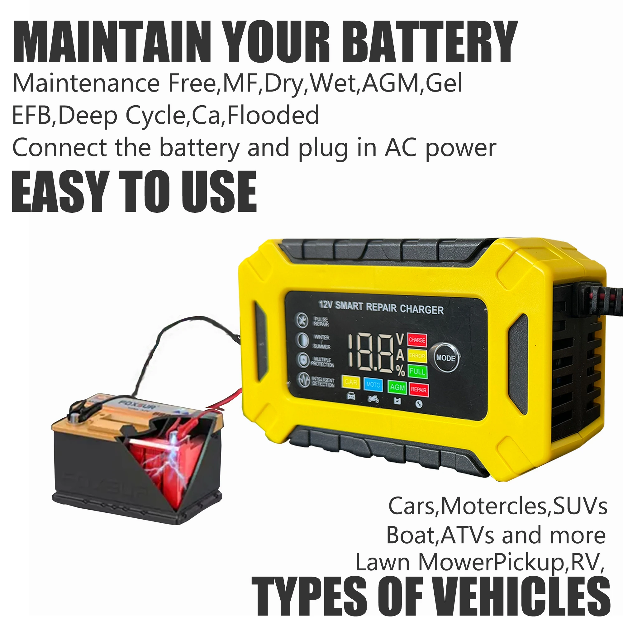 Cargador de batería de coche de 6 amperios, flotador portátil inteligente para coche, motocicleta, cortacésped, mantiene SLA, AGM, Gel Cel, 12V