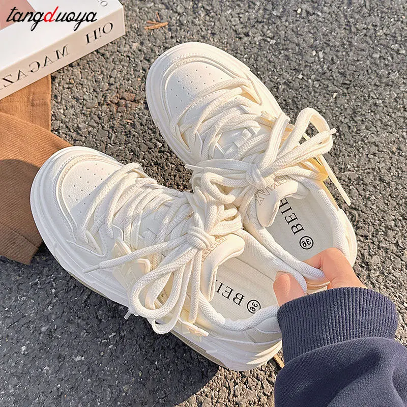 Cute Harajuku Sneakers Women\'s Running Shoes 2024 New Thick Platform Sneakers students Outdoor Casual Pu Leather Vulcanized Shoe